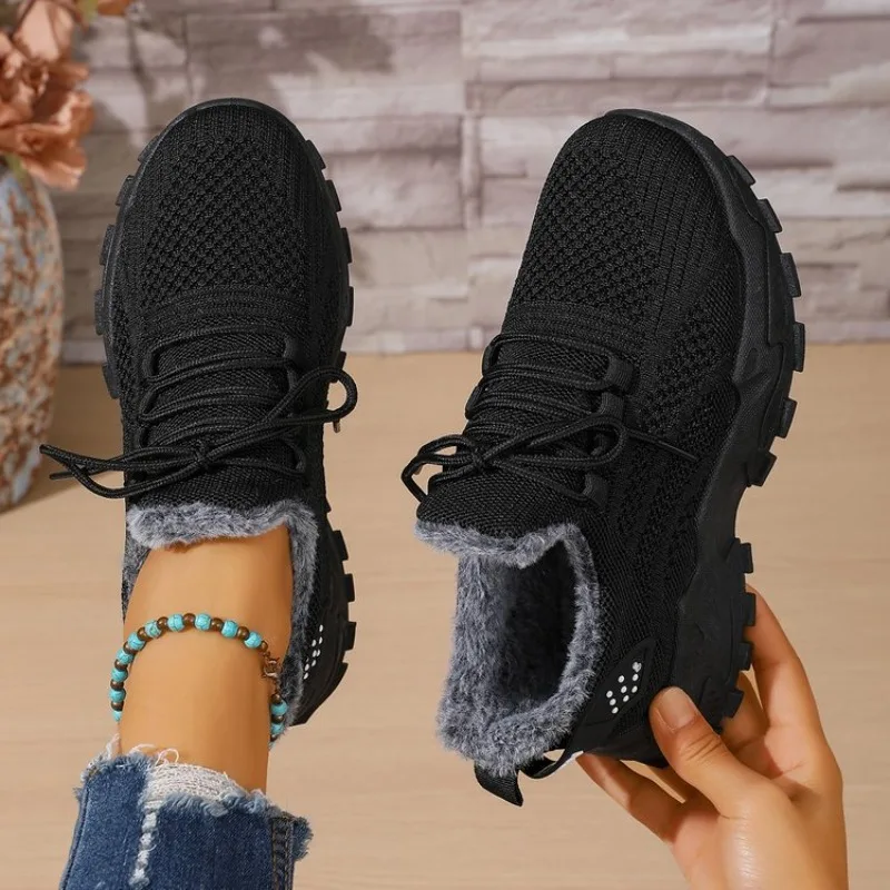Knit Fabric Lace Up Sneakers - 여성용 겨울용 보온 스니커즈, 니트 소재,
